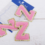 Pink Chenille Letter Patches - Sets of 3 Letters - Large 8 cm Chenille with Gold Glitter - Threadart.com