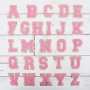 26 Letter Set of Pink Chenille Letter Patches - Iron-On Full Alphabet - Large 8 cm Chenille with Gold Glitter - Threadart.com
