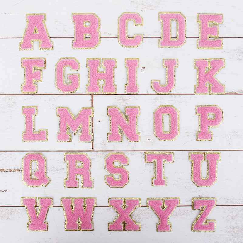 26 Letter Set of Pink Chenille Letter Patches - Iron-On Full Alphabet - Large 8 cm Chenille with Gold Glitter - Threadart.com