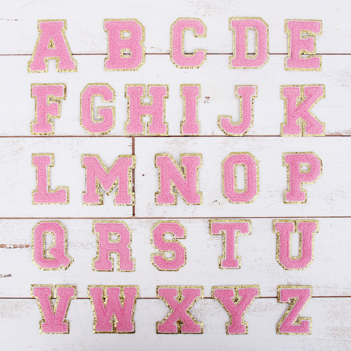 26 Letter Set of Pink Iron On Varsity Letter Patches - Full Alphabet - Large 8 cm Chenille with Gold Glitter - Threadart.com