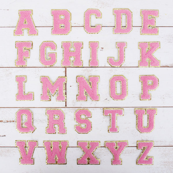 26 Letter Set of Pink Chenille Letter Patches - Iron-On Full Alphabet  - Small 5.5 cm Chenille with Gold Glitter - Threadart.com