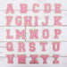 26 Letter Set of Pink Iron On Varsity Letter Patches - Full Alphabet  - Small 5.5 cm Chenille with Gold Glitter - Threadart.com