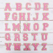 Pink Chenille Letter Patches - Sets of 3 Letters - Large 8 cm Chenille with Gold Glitter - Threadart.com