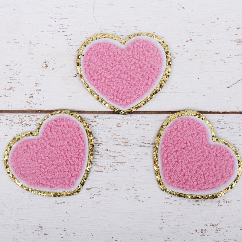 Iron On Chenille Patches - Set of 3 Hearts Chenille with Gold Glitter - Six Different Colors - Threadart.com