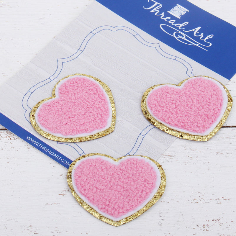 Iron On Chenille Patches - Set of 3 Hearts Chenille with Gold Glitter - Six Different Colors - Threadart.com
