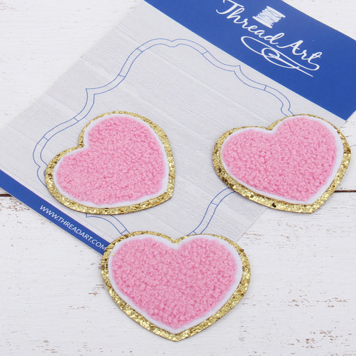 Iron On Heart Patches - Set of 3 Hearts Chenille with Gold Glitter