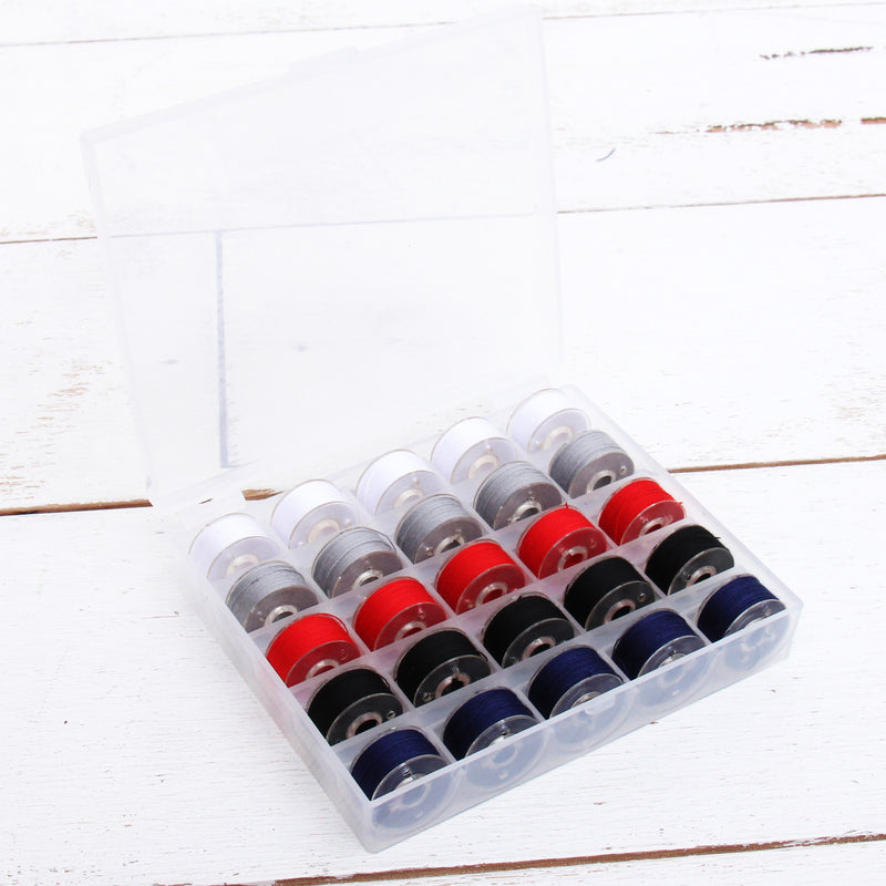 Prewound Sewing Bobbins - 25 Count - 5 Popular Colors - Thread for Sewing Machine With Storage Box - Threadart.com