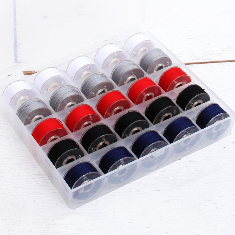 Prewound Sewing Bobbins - 25 Count - 5 Popular Colors - Thread for Sewing Machine With Storage Box - Threadart.com