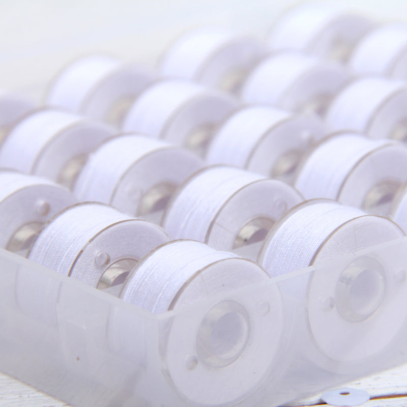 Prewound Sewing Bobbins - 25 Count - White Thread for Sewing Machine With Storage Box - Threadart.com