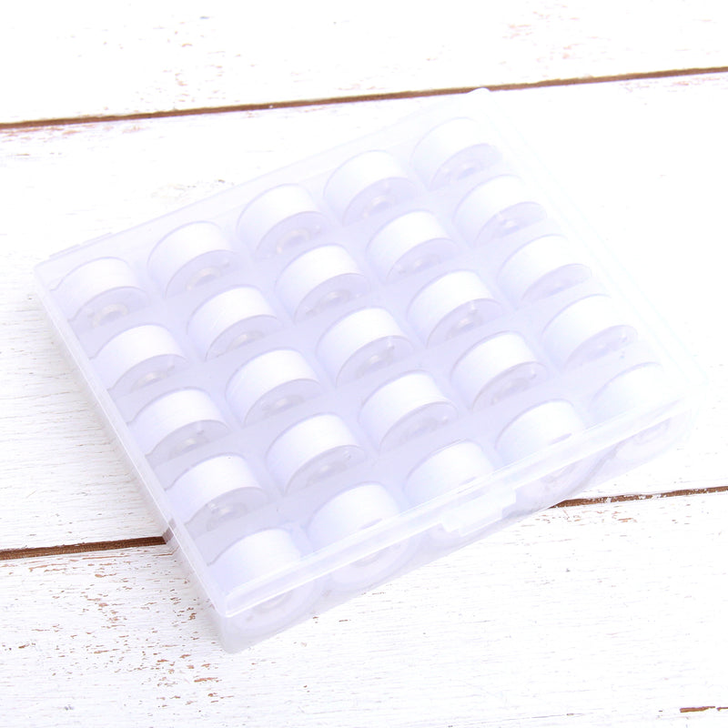 Prewound Sewing Bobbins - 25 Count - White Thread for Sewing Machine With Storage Box - Threadart.com