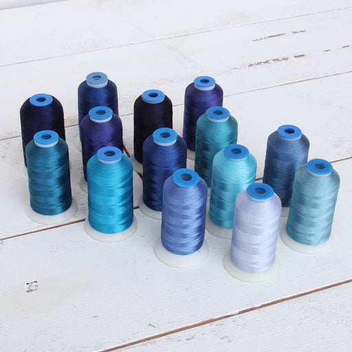 14 Cone Blue Color Builder Rayon Thread Set - 1000m Cones - Silky Luxurious Finish - Threadart.com