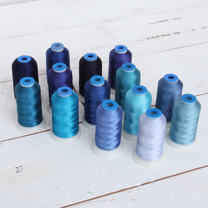 14 Cone Blue Color Builder Polyester Thread Set - 1000m Cones - Brilliant Finish - Threadart.com