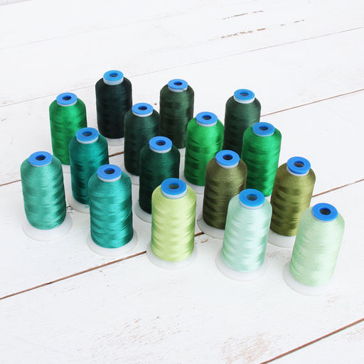 16 Cone Green Color Builder Rayon Thread Set - 1000m Cones - Silky Luxurious Finish - Threadart.com