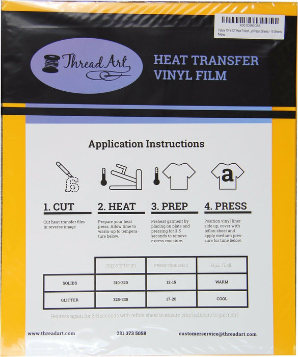 Yellow Iron On Vinyl - Heat Transfer Pack of  Sheets - Threadart.com