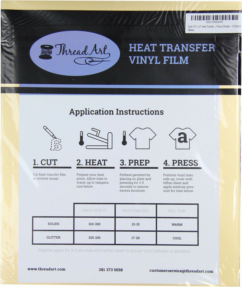 Gold Iron On Vinyl - Heat Transfer Pack of  Sheets - Threadart.com