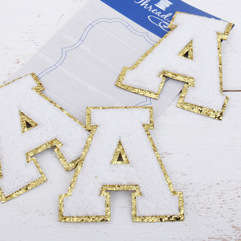 White Chenille Letter Patches - Sets of 3 Letters - Large 8 cm Chenille with Gold Glitter - Threadart.com