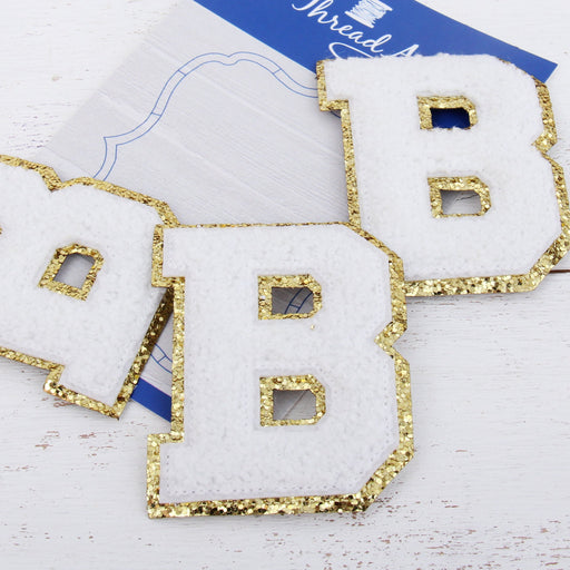 White Iron On Varsity Letter Patches - Set of 3 - Small 5.5 cm (2.25 in)  Chenille with Gold GlitterV