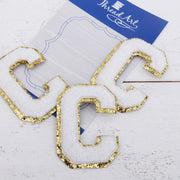 White Chenille Letter Patches - Sets of 3 Letters - Large 8 cm Chenille with Gold Glitter - Threadart.com