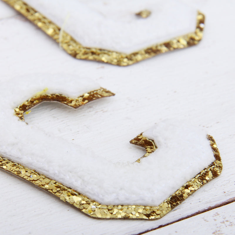 White Chenille Letter Patches - Sets of 3 Letters - Large 8 cm Chenille with Gold Glitter - Threadart.com