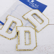 White Chenille Letter Patches - Sets of 3 Letters - Large 8 cm Chenille with Gold Glitter - Threadart.com
