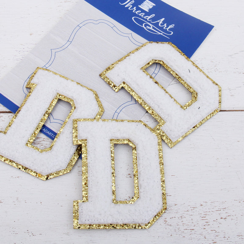 White Chenille Letter Patches - Sets of 3 Letters - Large 8 cm Chenille with Gold Glitter - Threadart.com