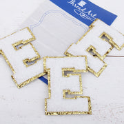 White Chenille Letter Patches - Set of 3 Iron-On Letters - Small 5.5 cm (2.25 in) Chenille with Gold Glitter - Threadart.com