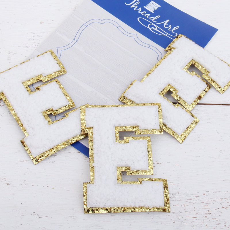 White Chenille Letter Patches - Set of 3 Iron-On Letters - Small 5.5 cm (2.25 in) Chenille with Gold Glitter - Threadart.com