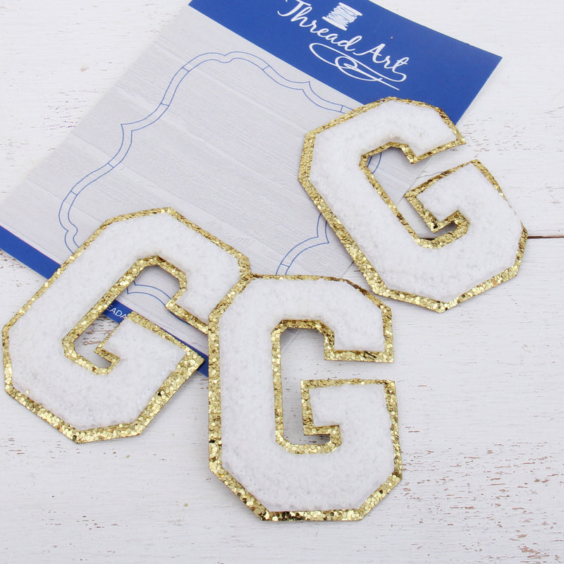 White Chenille Letter Patches - Sets of 3 Letters - Large 8 cm Chenille with Gold Glitter - Threadart.com