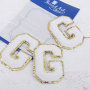 White Chenille Letter Patches - Set of 3 Iron-On Letters - Small 5.5 cm (2.25 in) Chenille with Gold Glitter - Threadart.com