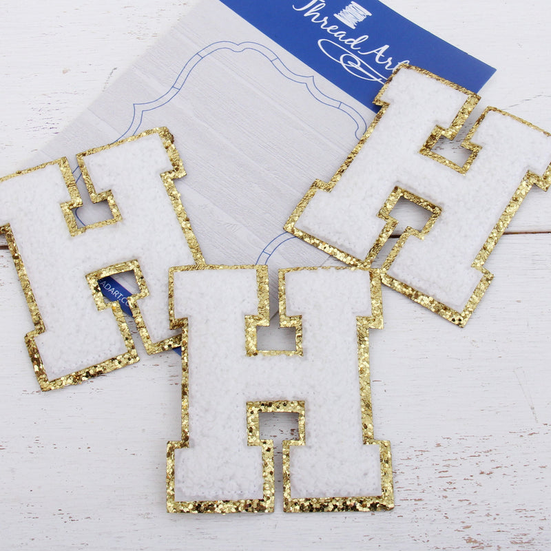 White Chenille Letter Patches - Set of 3 Iron-On Letters - Small 5.5 cm (2.25 in) Chenille with Gold Glitter - Threadart.com