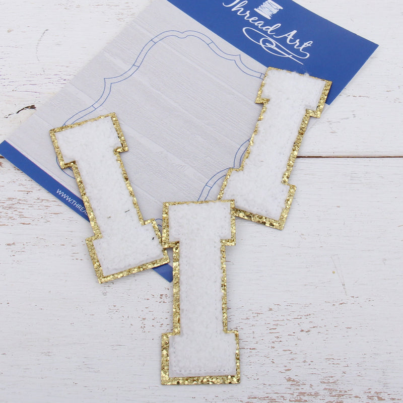 White Chenille Letter Patches - Set of 3 Iron-On Letters - Small 5.5 cm (2.25 in) Chenille with Gold Glitter - Threadart.com