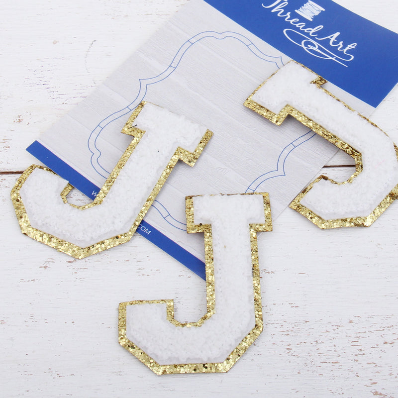 White Chenille Letter Patches - Set of 3 Iron-On Letters - Small 5.5 cm (2.25 in) Chenille with Gold Glitter - Threadart.com