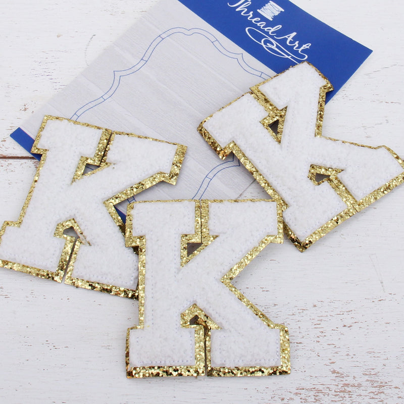 White Chenille Letter Patches - Set of 3 Iron-On Letters - Small 5.5 cm (2.25 in) Chenille with Gold Glitter - Threadart.com