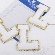 White Chenille Letter Patches - Sets of 3 Letters - Large 8 cm Chenille with Gold Glitter - Threadart.com