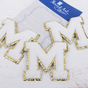 White Chenille Letter Patches - Sets of 3 Letters - Large 8 cm Chenille with Gold Glitter - Threadart.com