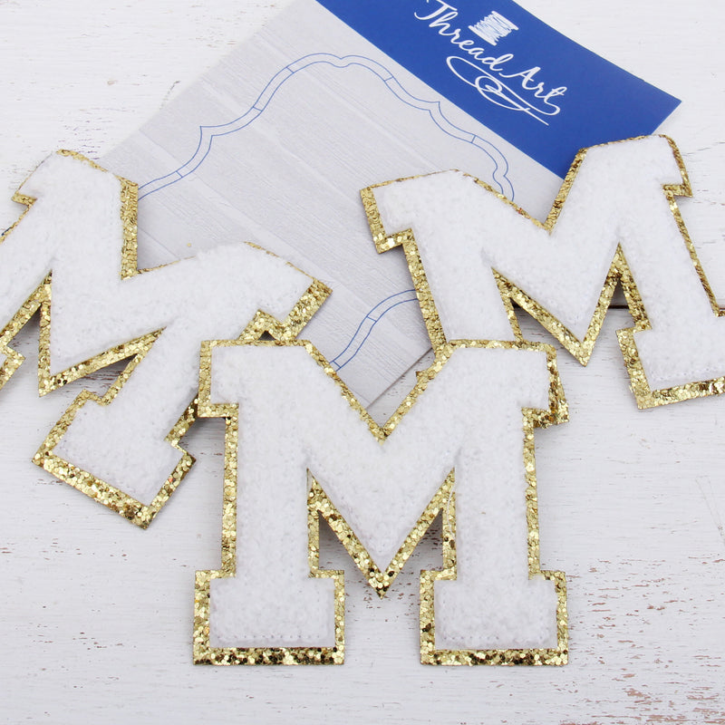 White Chenille Letter Patches - Sets of 3 Letters - Large 8 cm Chenille with Gold Glitter - Threadart.com