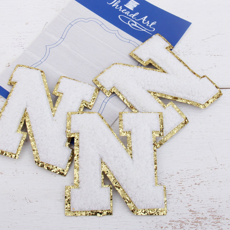 White Chenille Letter Patches - Set of 3 Iron-On Letters - Small 5.5 cm (2.25 in) Chenille with Gold Glitter - Threadart.com