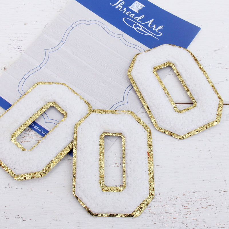 White Chenille Letter Patches - Set of 3 Iron-On Letters - Small 5.5 cm (2.25 in) Chenille with Gold Glitter - Threadart.com