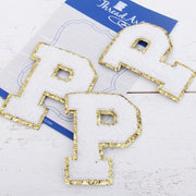 White Chenille Letter Patches - Sets of 3 Letters - Large 8 cm Chenille with Gold Glitter - Threadart.com