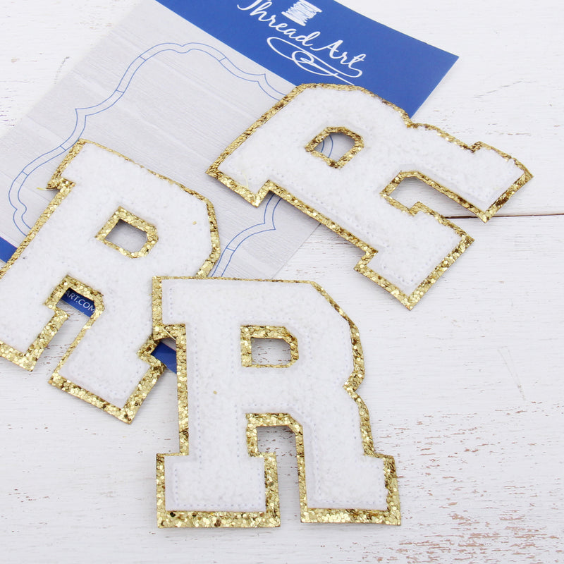 White Chenille Letter Patches - Sets of 3 Letters - Large 8 cm Chenille with Gold Glitter - Threadart.com