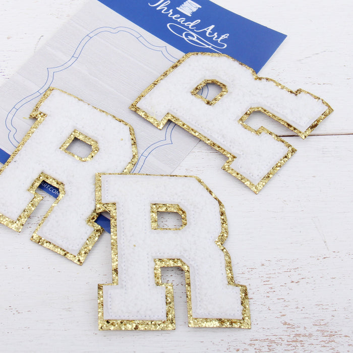 White Iron On Varsity Letter Patches - Set of 3 - Small 5.5 cm (2.25 in)  Chenille with Gold GlitterV