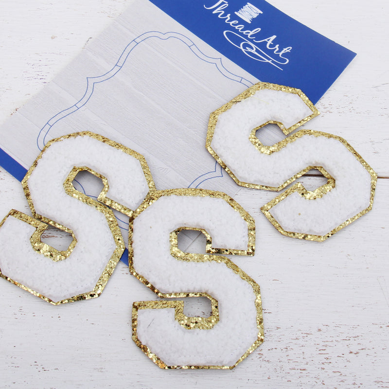 White Chenille Letter Patches - Sets of 3 Letters - Large 8 cm Chenille with Gold Glitter - Threadart.com
