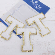 White Chenille Letter Patches - Set of 3 Iron-On Letters - Small 5.5 cm (2.25 in) Chenille with Gold Glitter - Threadart.com
