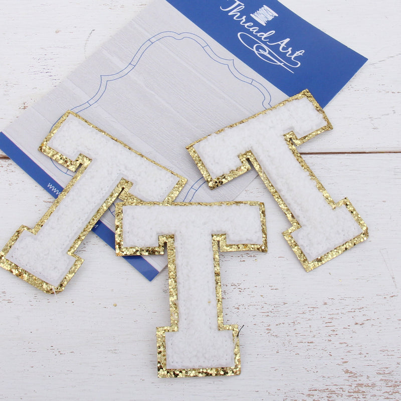 White Chenille Letter Patches - Set of 3 Iron-On Letters - Small 5.5 cm (2.25 in) Chenille with Gold Glitter - Threadart.com