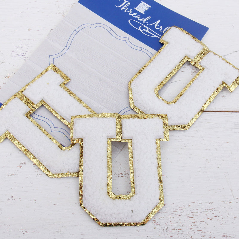 White Chenille Letter Patches - Set of 3 Iron-On Letters - Small 5.5 cm (2.25 in) Chenille with Gold Glitter - Threadart.com