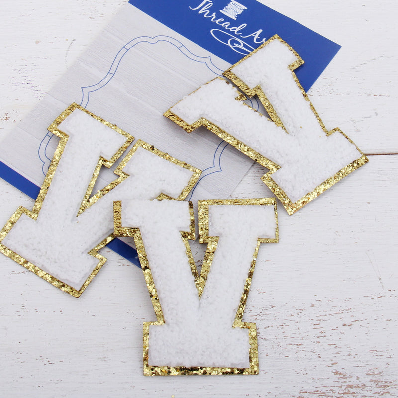 White Chenille Letter Patches - Set of 3 Iron-On Letters - Small 5.5 cm (2.25 in) Chenille with Gold Glitter - Threadart.com