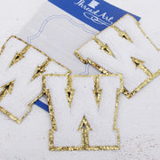 White Chenille Letter Patches - Sets of 3 Letters - Large 8 cm Chenille with Gold Glitter - Threadart.com