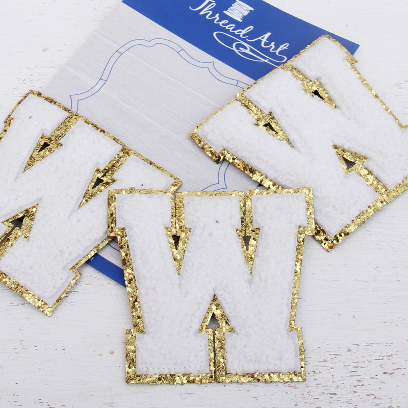 White Chenille Letter Patches - Sets of 3 Letters - Large 8 cm Chenille with Gold Glitter - Threadart.com