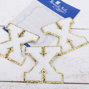 White Chenille Letter Patches - Set of 3 Iron-On Letters - Small 5.5 cm (2.25 in) Chenille with Gold Glitter - Threadart.com