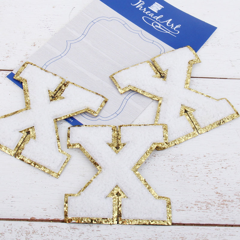 White Chenille Letter Patches - Set of 3 Iron-On Letters - Small 5.5 cm (2.25 in) Chenille with Gold Glitter - Threadart.com